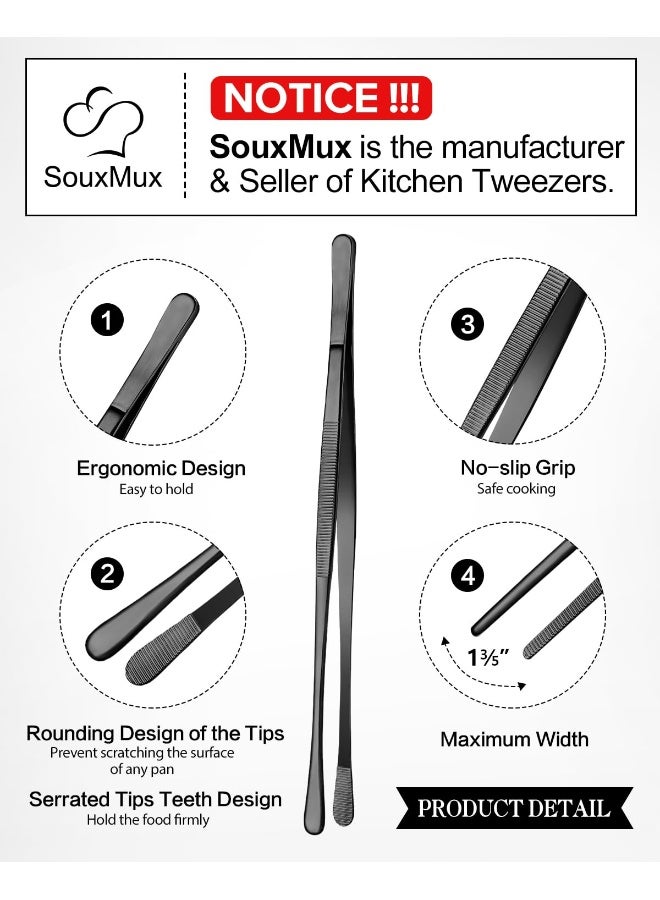 SouxMux 2 Pcs 12-inch Cooking Tweezers Tongs Precision Serrated Tips, Stainless Steel Professional Chef Tweezer Kitchen Tools for BBQ, Plating and Serving (Black) - Image 2
